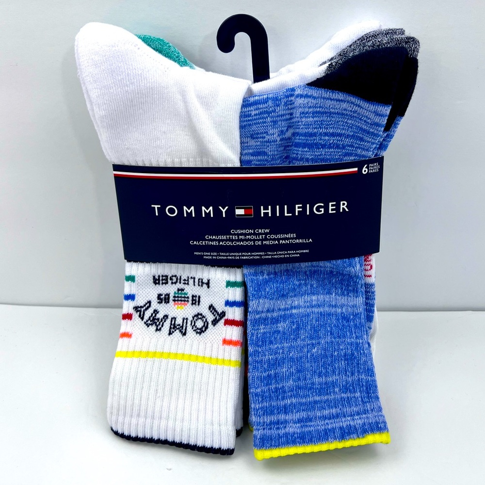 TOMMY HILFIGER CUSHION CREW,WHITE/BLUE ASSORTED ATHLETIC SOCKS, 6 PAIRS, US 7-12